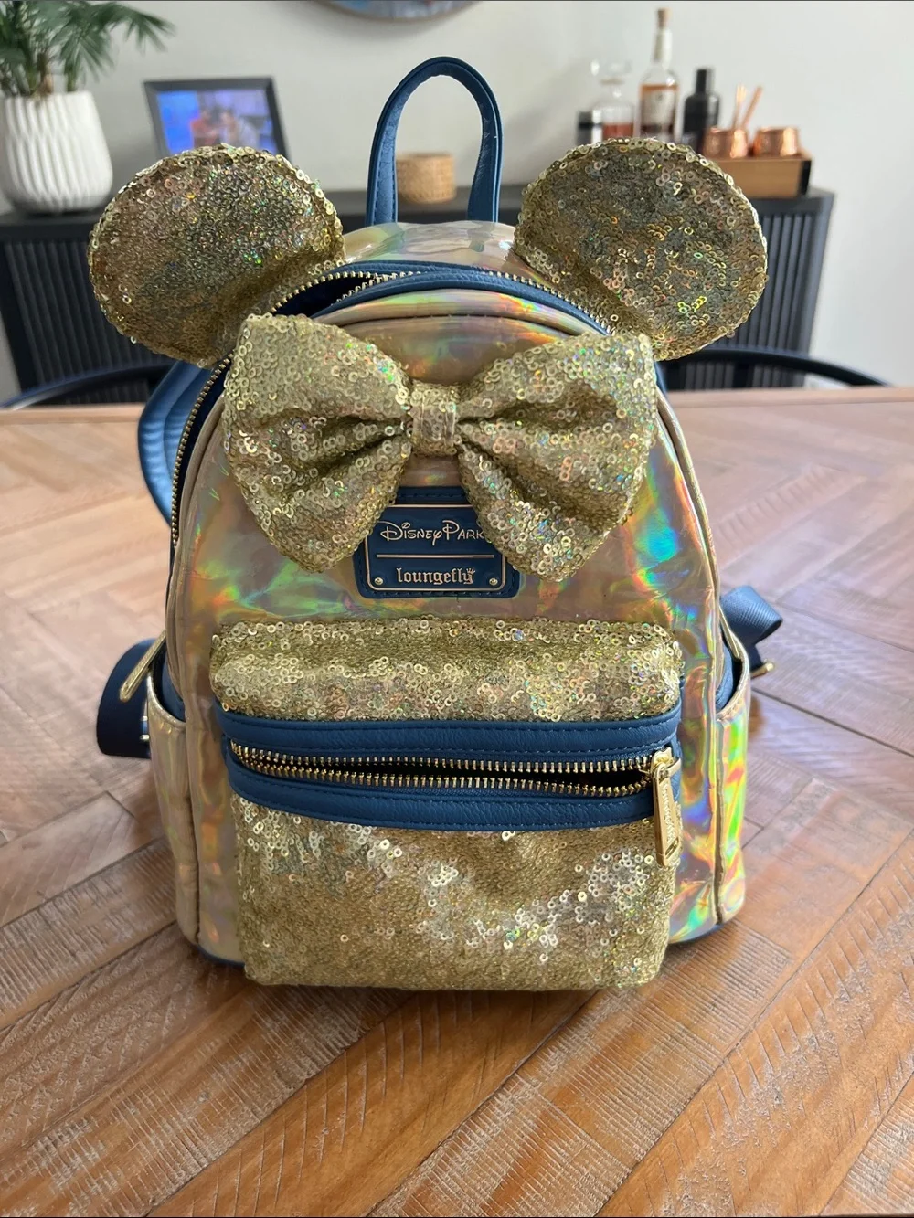 Loungefly Gold Sequin Minnie Ears Holographic Kids Mini Backpack with Navy Trim